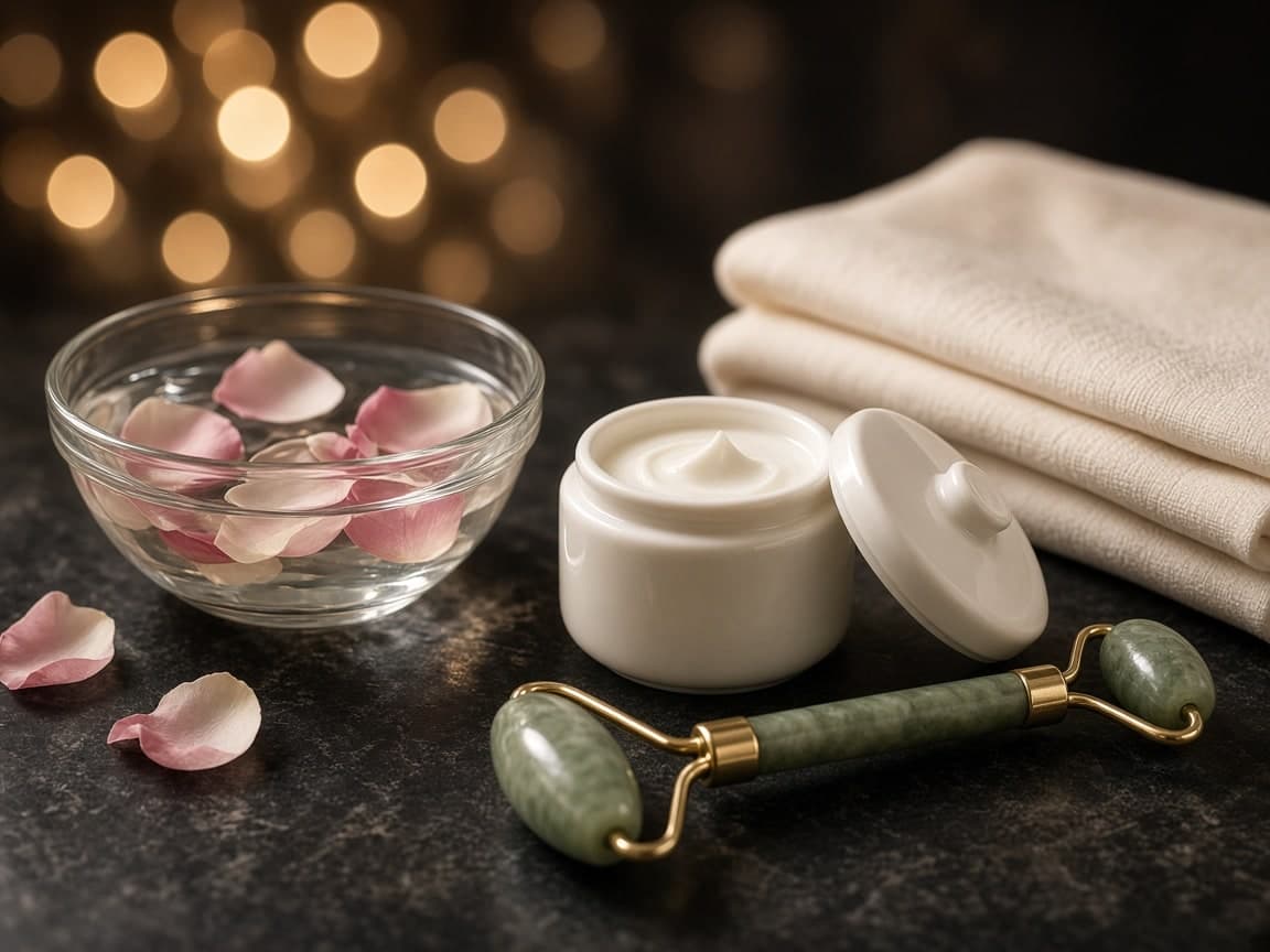 Cream, rose petals, and jade roller prepared for a facial